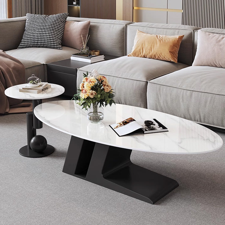 北欧風 セラミック天板 ローテーブル 丸型＆楕円形セット｜リビング用 クリームホワイト シンプルモダン htt-3852