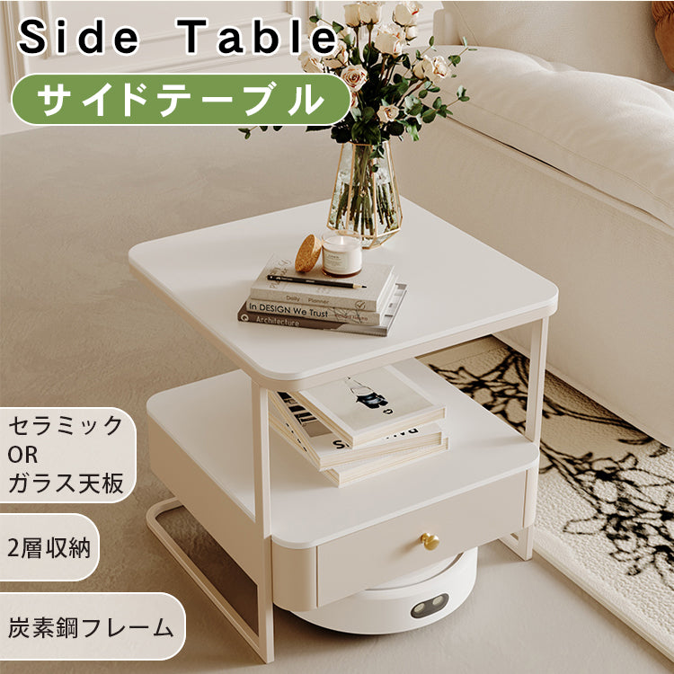 クリームスタイル ソファサイドテーブル セラミック天板 小型スクエア 北欧ミニマル ベッドサイド＆リビング用 ライトラグジュアリー感 htt-3849