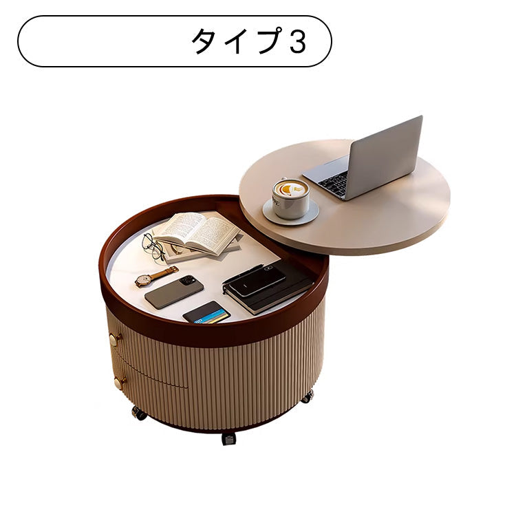 円形サイドテーブル｜キャスター付き 収納付き クリームカラー モダンデザイン リビング用 htt-6404