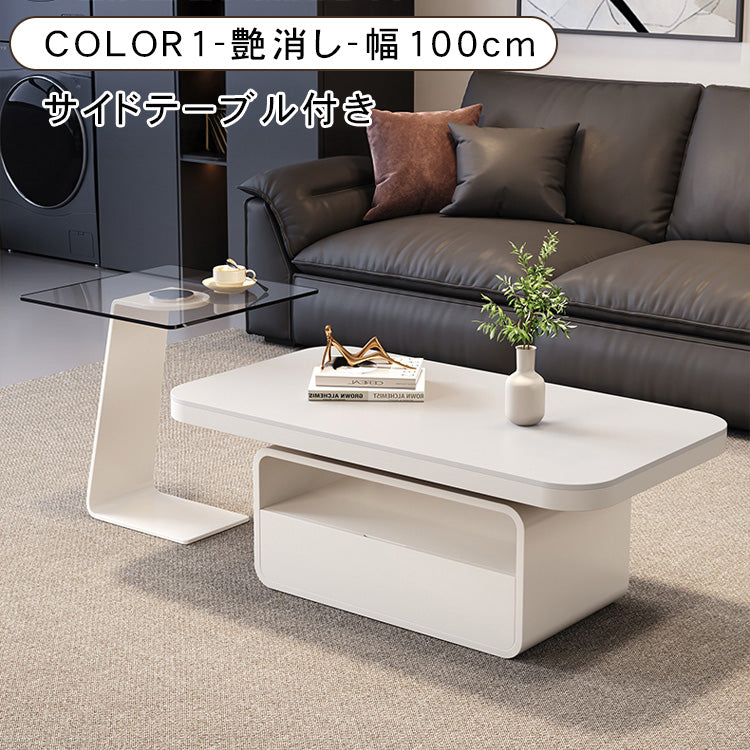 ホワイト×クリアガラス セラミック天板センターテーブルセットリビング向け モダンデザインのローテーブル＆サイドテーブル htyjj-5948-2