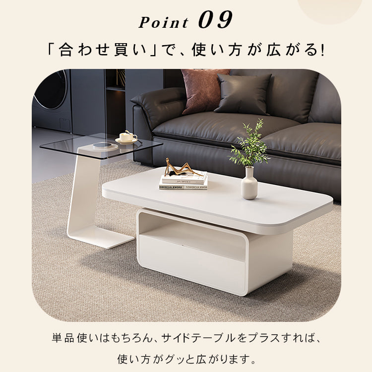 ホワイト×クリアガラス セラミック天板センターテーブルセットリビング向け モダンデザインのローテーブル＆サイドテーブル htyjj-5948-2
