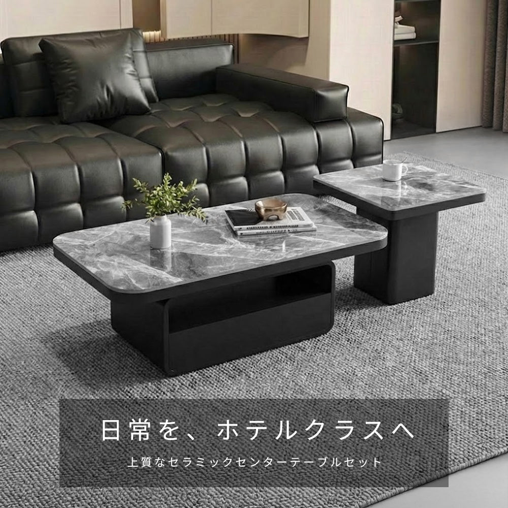 ホワイト×クリアガラス セラミック天板センターテーブルセット リビング向け モダンデザインのローテーブル＆サイドテーブル htyjj-5948-2