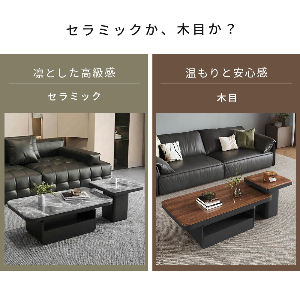 ホワイト×クリアガラス セラミック天板センターテーブルセット リビング向け モダンデザインのローテーブル＆サイドテーブル htyjj-5948-2