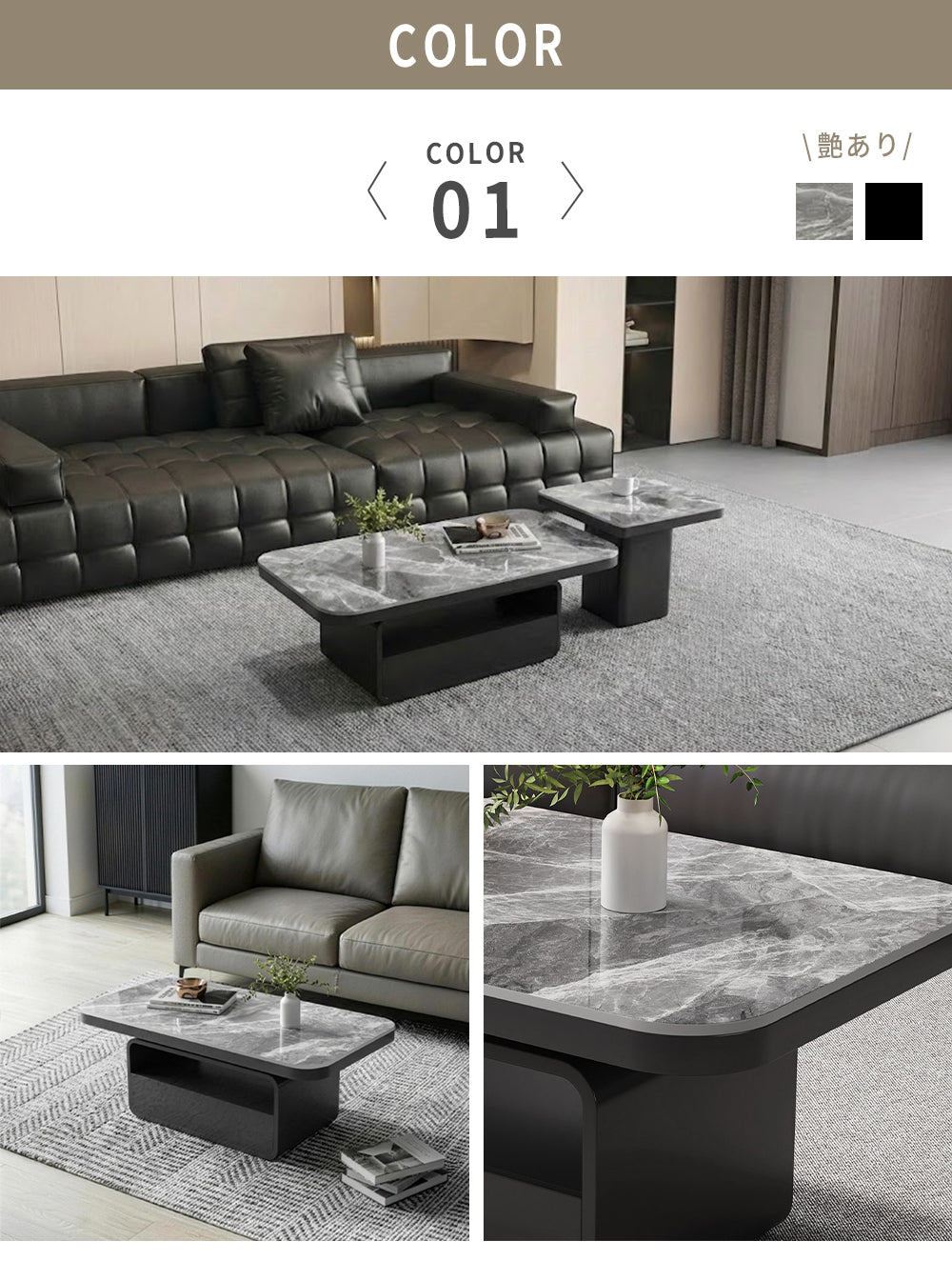 ホワイト×クリアガラス セラミック天板センターテーブルセット リビング向け モダンデザインのローテーブル＆サイドテーブル htyjj-5948-2