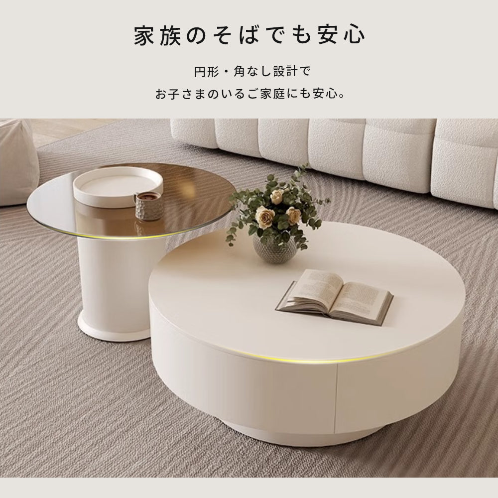 センターテーブル おしゃれ セラミック天板 金属台座 引き出し収納付き ネストテーブル 2点セット 大小セット 大テーブル直径70cm 80cm 小テーブル直径50cm モダン リビング用 来客対応 htyjj-6570