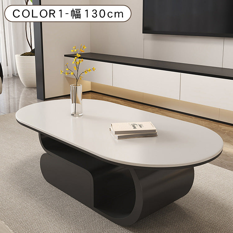 セラミック天板のモダンセンターテーブルリビング向け ブラック×ホワイト 楕円型ローテーブル 収納付き htyjj-6576
