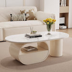 アイボリー×セラミック天板のエレガントセンターテーブルリビング向け 楕円型ローテーブル 収納スペース付き htyjj-6577