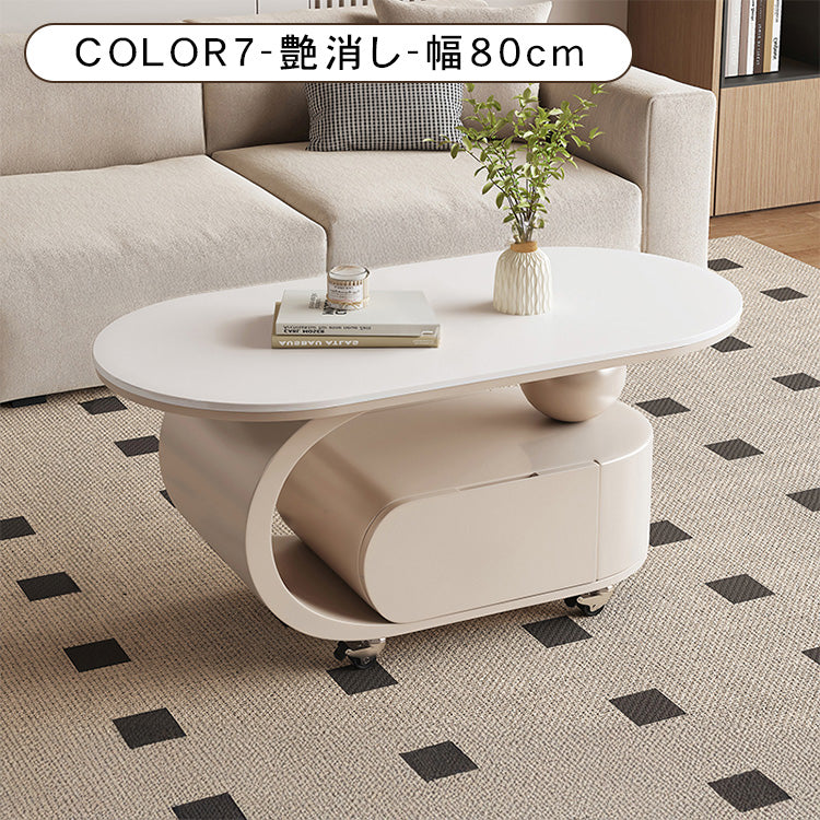オーバルフォルムのセラミック天板風センターテーブル キャスター収納が便利なモダンリビングテーブル htyjj-6591