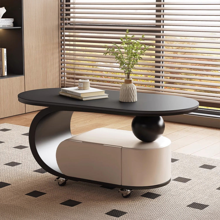 オーバルフォルムのセラミック天板風センターテーブル キャスター収納が便利なモダンリビングテーブル htyjj-6591