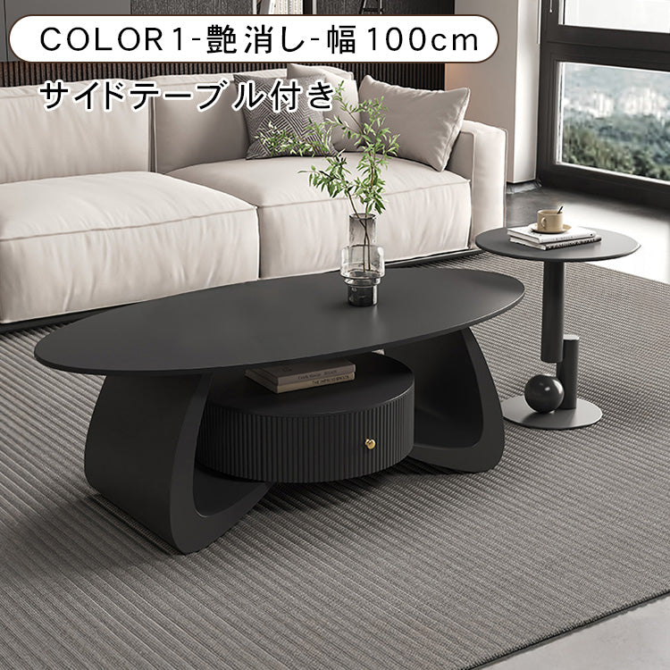 モダンブラックのセラミック天板センターテーブルセット リビングに映える収納付きローテーブル＋サイドテーブル htyjj-6603