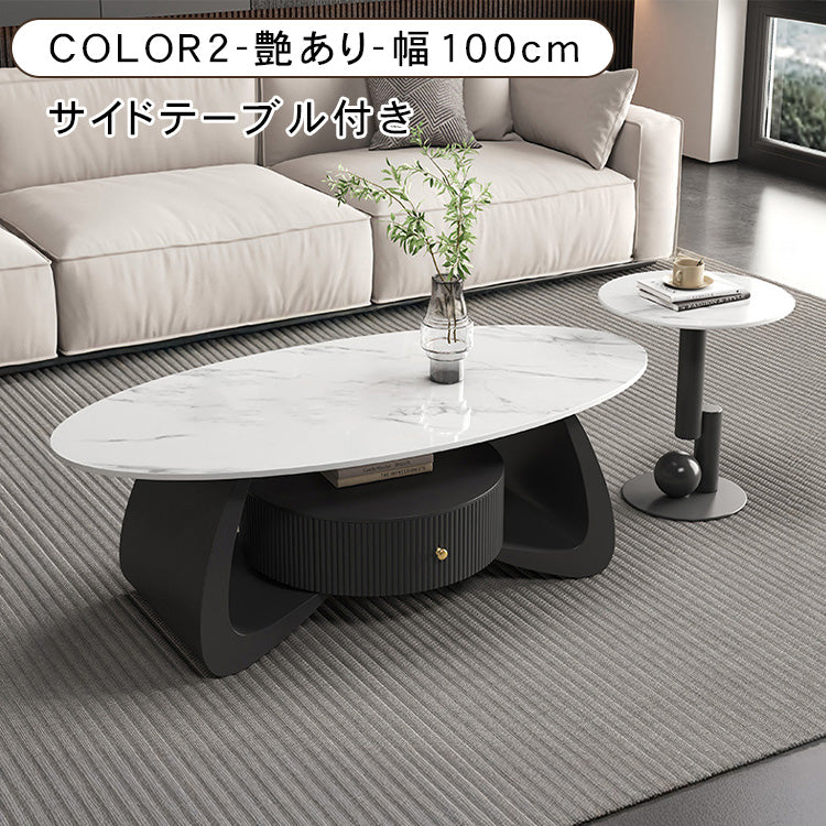 モダンブラックのセラミック天板センターテーブルセット リビングに映える収納付きローテーブル＋サイドテーブル htyjj-6603