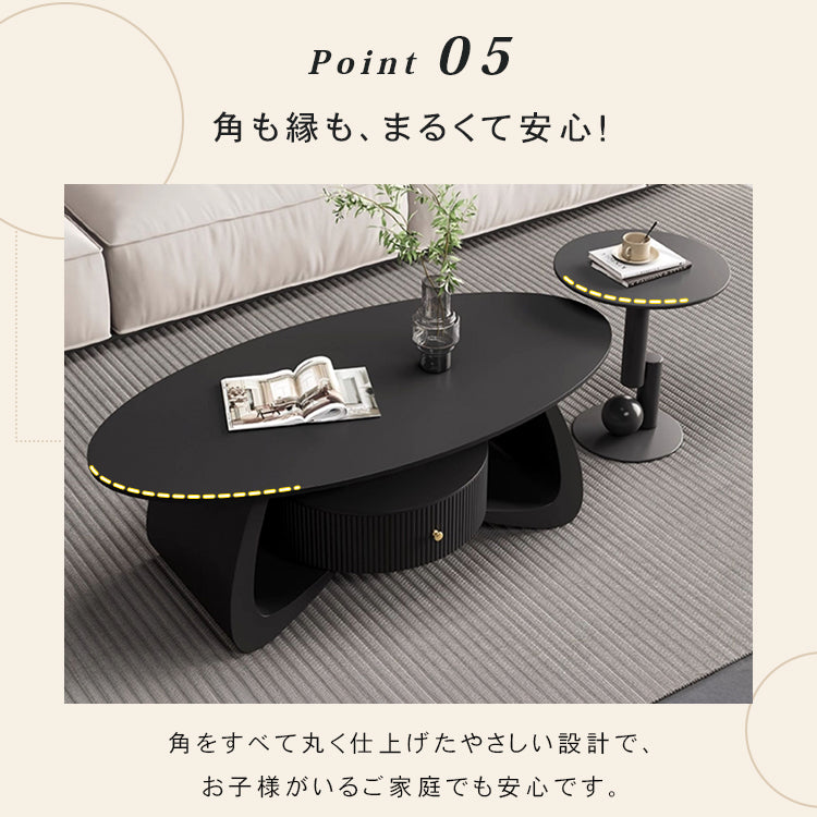 モダンブラックのセラミック天板センターテーブルセット リビングに映える収納付きローテーブル＋サイドテーブル htyjj-6603
