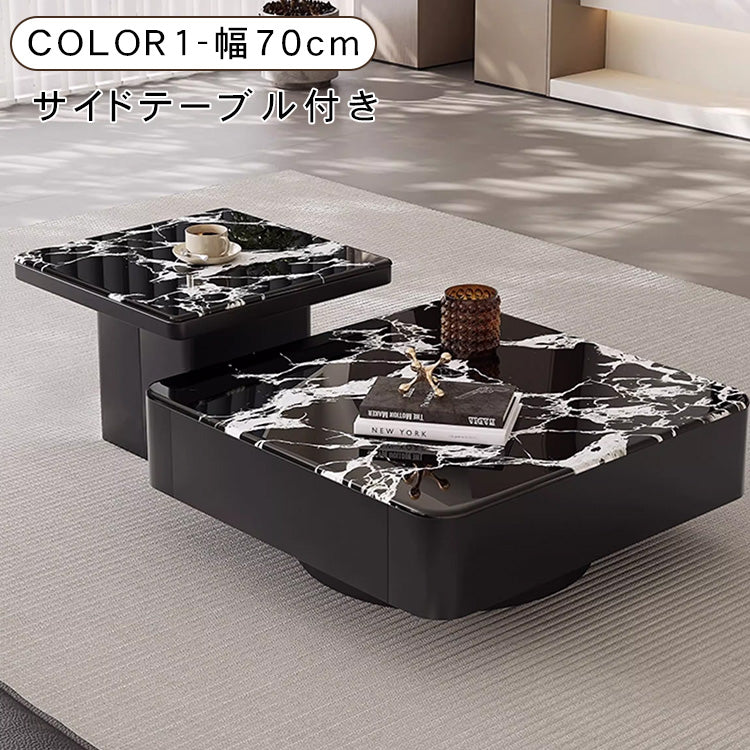 高級モダン リビングテーブルセット 微晶石トップ ブラック×ホワイト 2台組 ローテーブル htyjj-6608