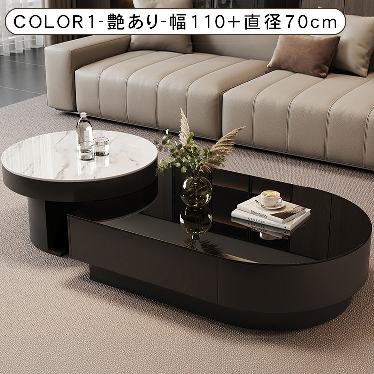 モダンリビング ローテーブルセット ブラック 強化ガラス天板×セラミック天板 デザイナーズ コーヒーテーブル htyjj-6611