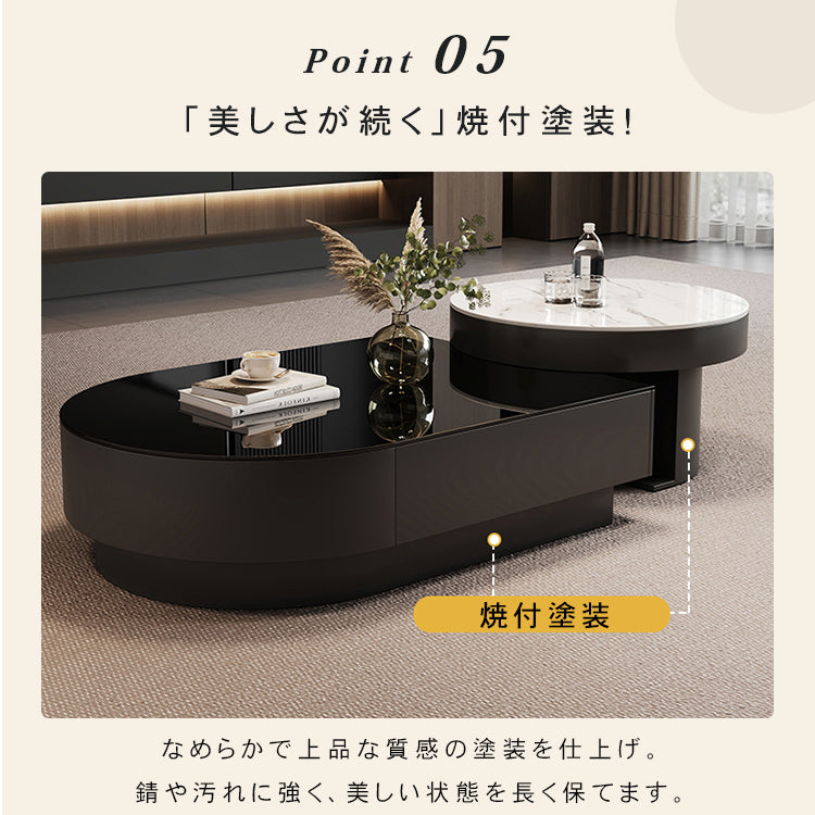 モダンリビング ローテーブルセット ブラック 強化ガラス天板×セラミック天板 デザイナーズ コーヒーテーブル htyjj-6611