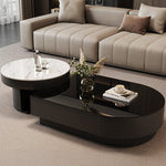 モダンリビング ローテーブルセット ブラック 強化ガラス天板×セラミック天板 デザイナーズ コーヒーテーブル htyjj-6611