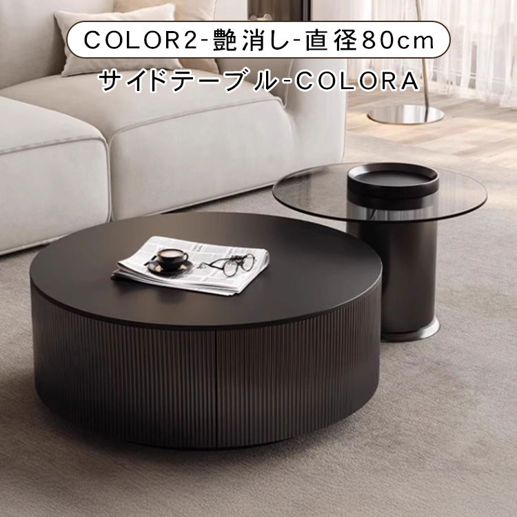 デザイナーズ リビングローテーブル セラミック風丸型×ガラス天板サイドテーブル モダンインテリア ブラック htyjj-6612