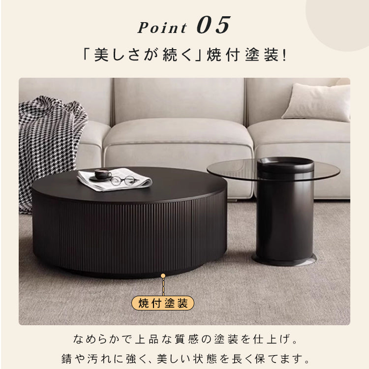 デザイナーズ リビングローテーブル セラミック風丸型×ガラス天板サイドテーブル モダンインテリア ブラック htyjj-6612