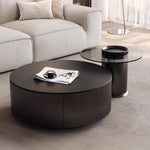 デザイナーズ リビングローテーブル セラミック風丸型×ガラス天板サイドテーブル モダンインテリア ブラック htyjj-6612