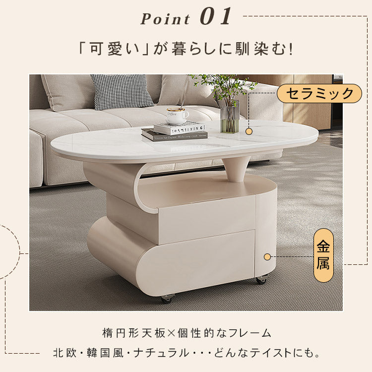 北欧風モダンリビングテーブル　美しい曲線フォルムのマーブル調天板デザイン htyjj-6613