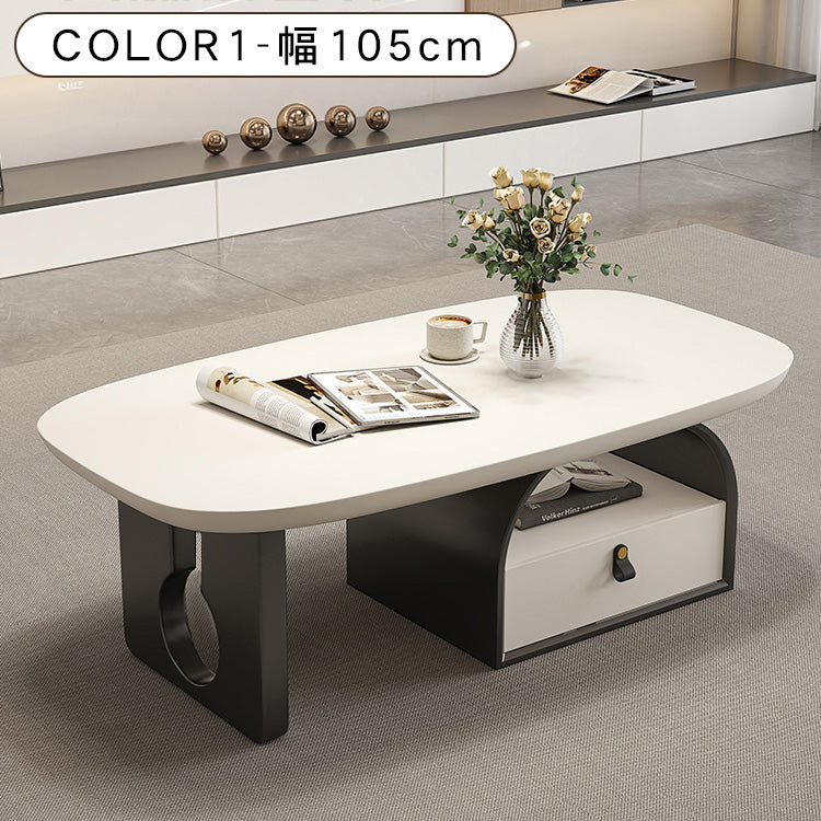 デザイナーズ リビングローテーブル 木製ホワイト天板 オープン収納＆引き出し付き シンプルモダン htyjj-6617