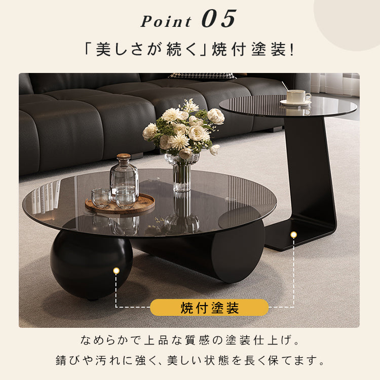 強化ガラス天板センターテーブルセットリビング用 丸型ローテーブル＋サイドテーブル モダンデザイン htyjj-6619