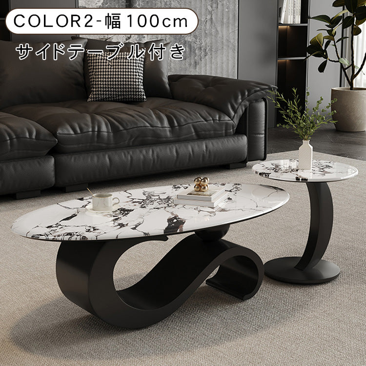 高級マイクロクリスタルストーン天板 リビングセンターテーブルセットブラックマーブル調ローテーブル＆サイドテーブル モダンインテリア htyjj-6625