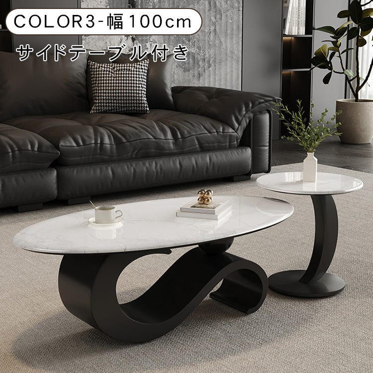 高級マイクロクリスタルストーン天板 リビングセンターテーブルセットブラックマーブル調ローテーブル＆サイドテーブル モダンインテリア htyjj-6625