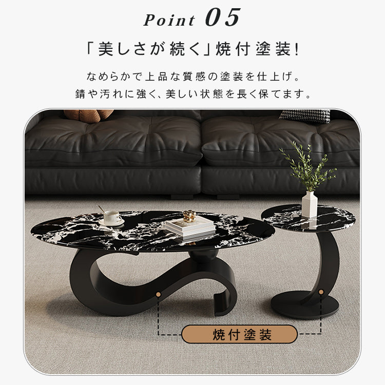 高級マイクロクリスタルストーン天板 リビングセンターテーブルセットブラックマーブル調ローテーブル＆サイドテーブル モダンインテリア htyjj-6625