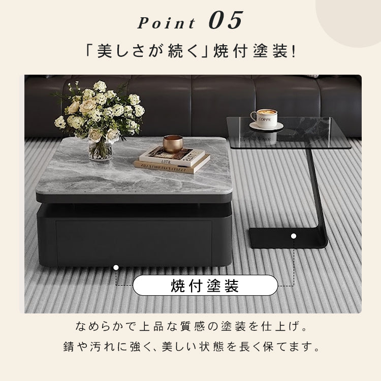 光沢グレー イタリアンモダン セラミック天板 センターテーブル｜収納付き 正方形 リビングテーブル サイドテーブルセット htyjj-7364-c1