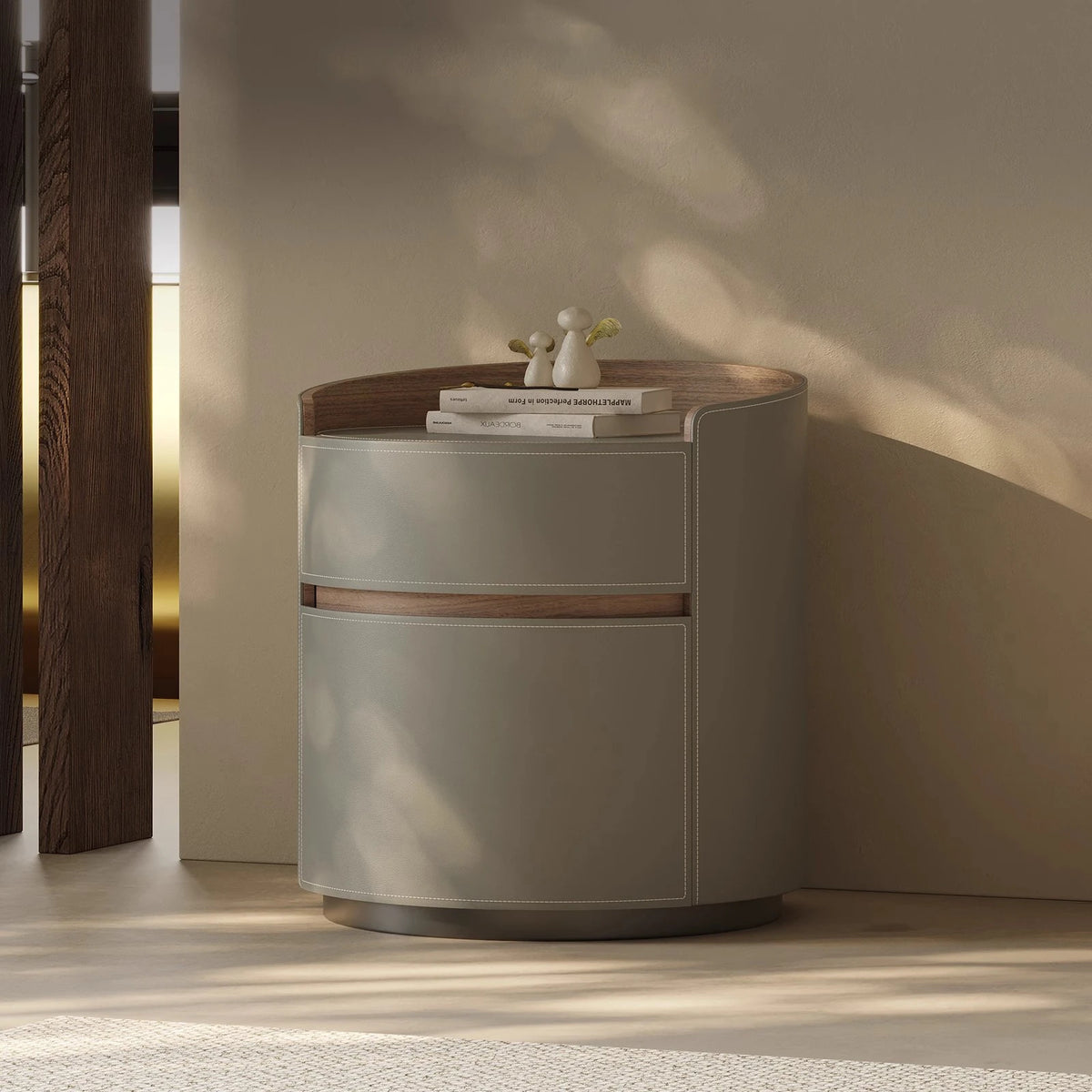 スタイリッシュな多層板ナイトテーブル - 合成皮革とパイン材デザイン、収納力抜群！ hxy-5167