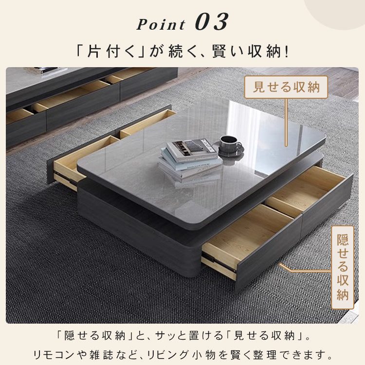 リビングセンターテーブル セラミック天板×グレー木目 モダンデザインのロータイプ収納テーブル hykg-5867