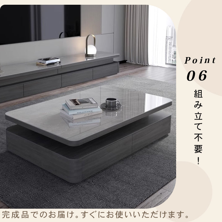 リビングセンターテーブル セラミック天板×グレー木目 モダンデザインのロータイプ収納テーブル hykg-5867