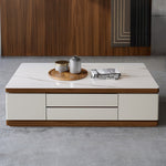 リビングセンターテーブル　セラミック天板×パイン材調　モダンデザインの引き出し収納ローテーブル hykg-5872