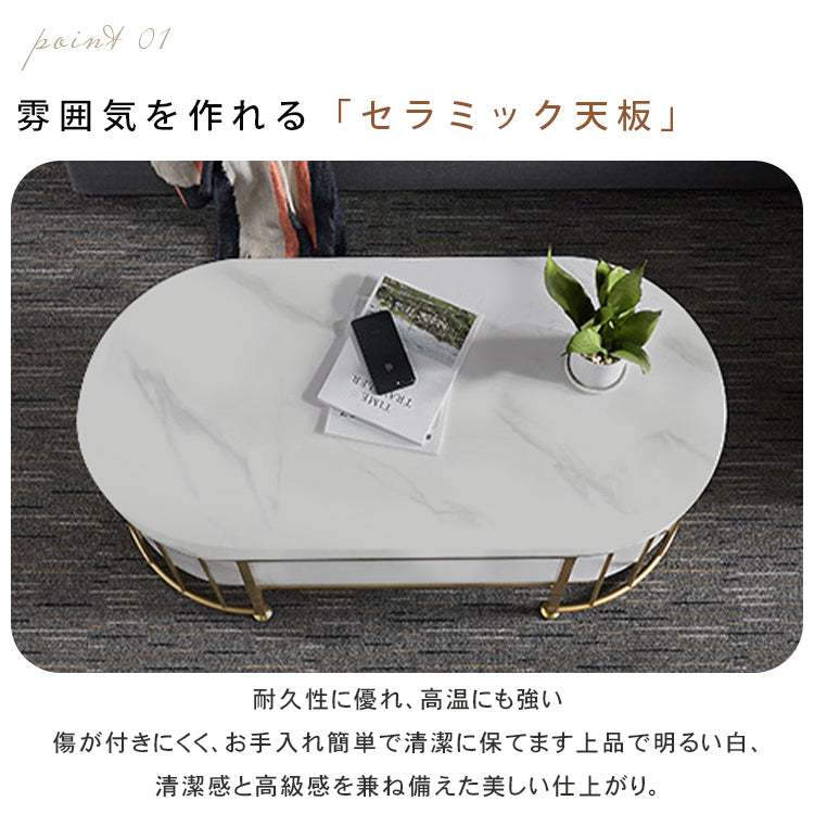 北欧モダン楕円形二層セラミック天板コーヒーテーブルリビング鉄製フレーム hzmty-5496