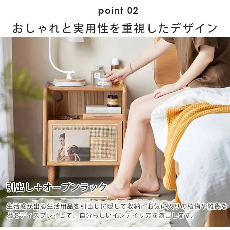 ナイトテーブル ナチュラル オーク材 キリ材 ラタン ysys-e7022-nighttable