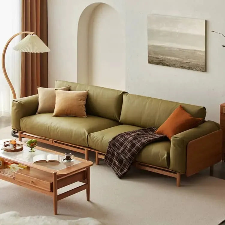 ソファー グリーン ブラウン チェリー材 エアレザー フェザー パイン ysys-s1057-sofa